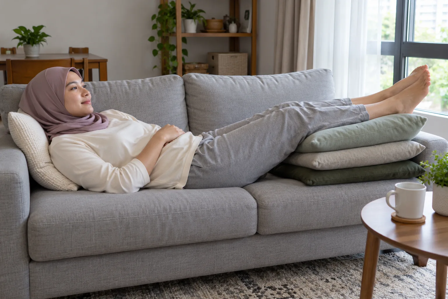 A woman rests along a sofa with her lower legs elevated on cushions beside a bright window.