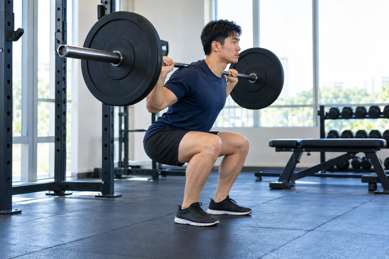 A man holds a barbell at the bottom of a squat in a gym with his thighs level.