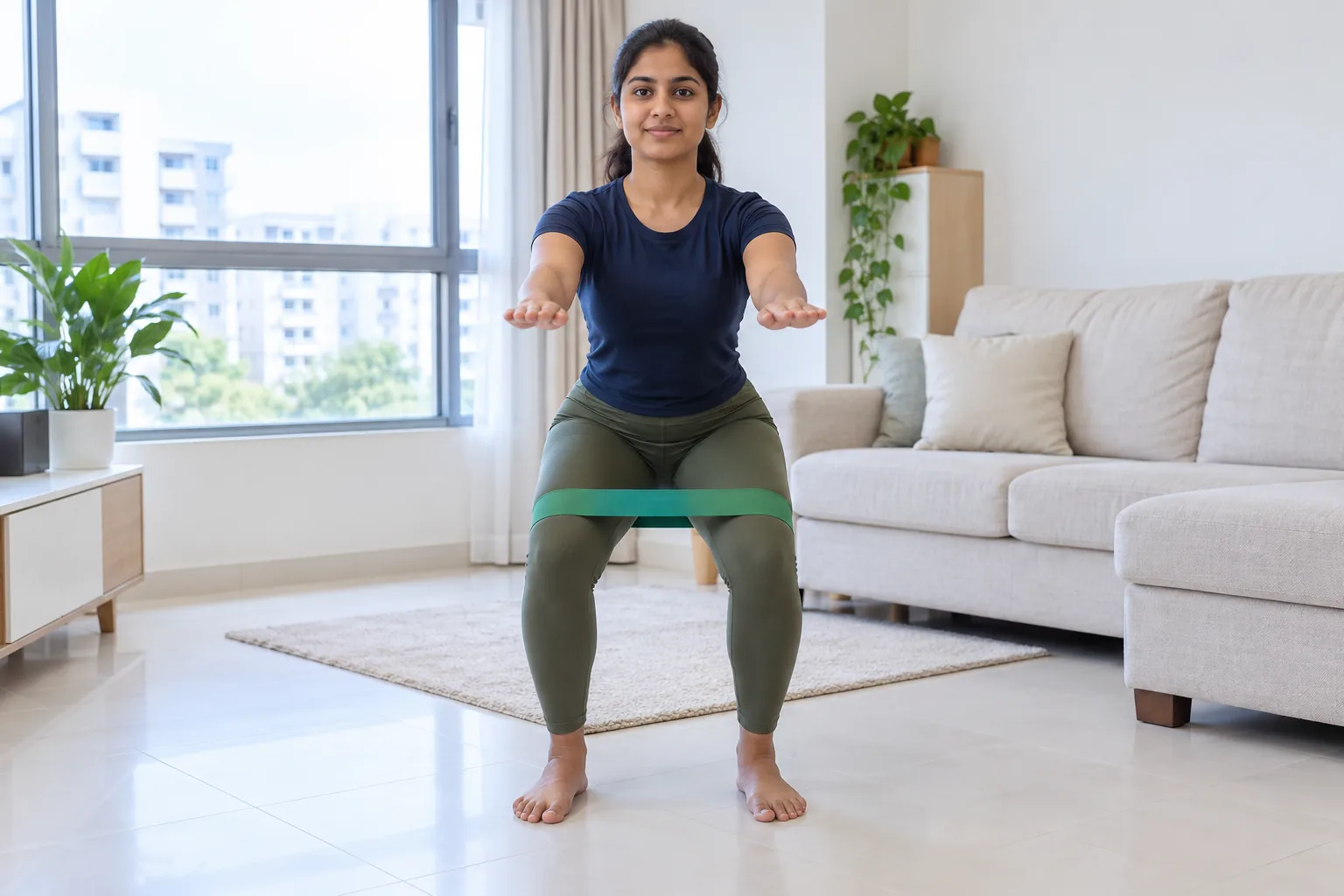 A young woman does a shallow squat at home with a fabric resistance loop above her knees.