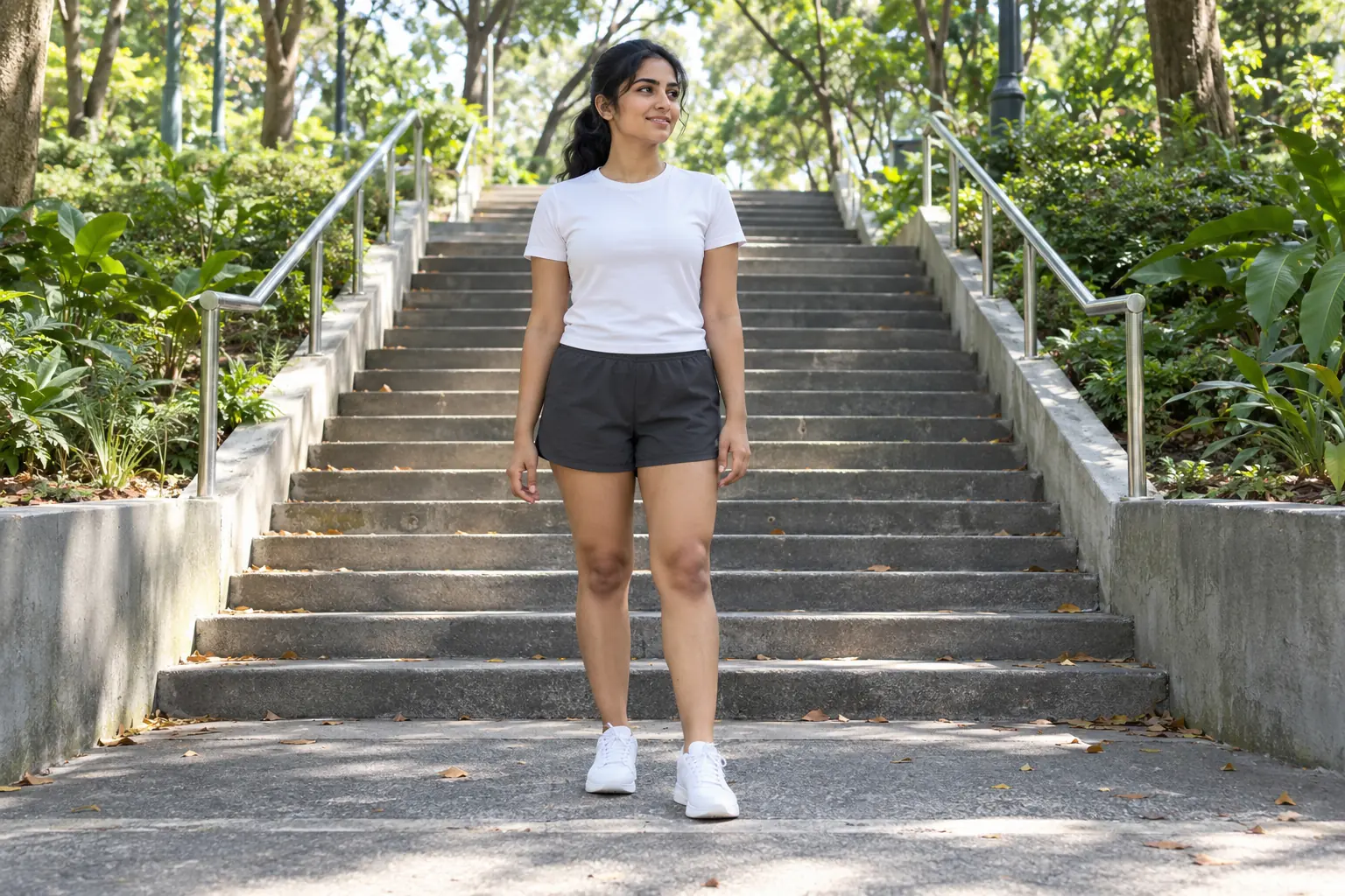 A young woman stands at the foot of park steps with the fronts of both knees visible.
