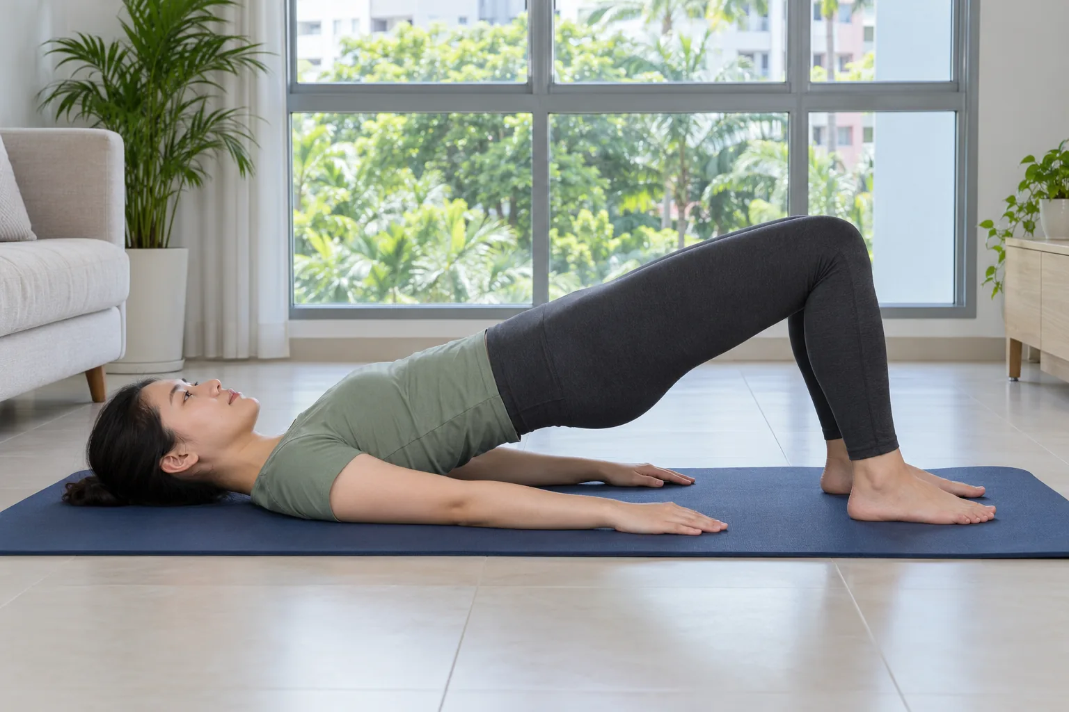 A Chinese woman performs a glute bridge on a mat at home.