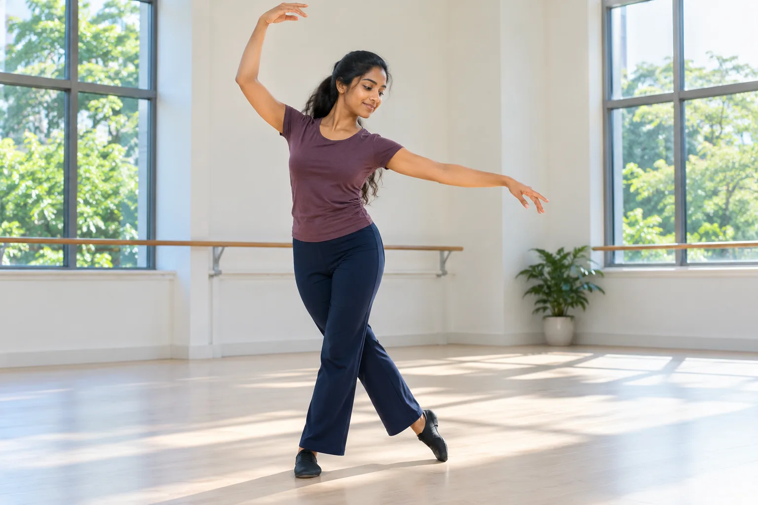 An Indian woman dances in a bright community dance studio.