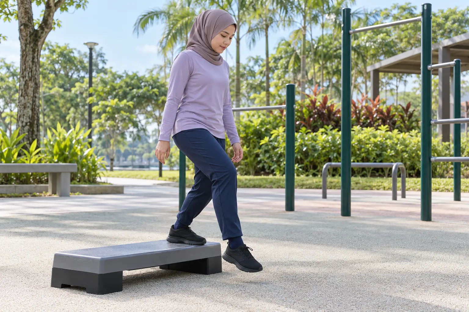 A Malay woman in modest sportswear steps down from a low exercise platform.