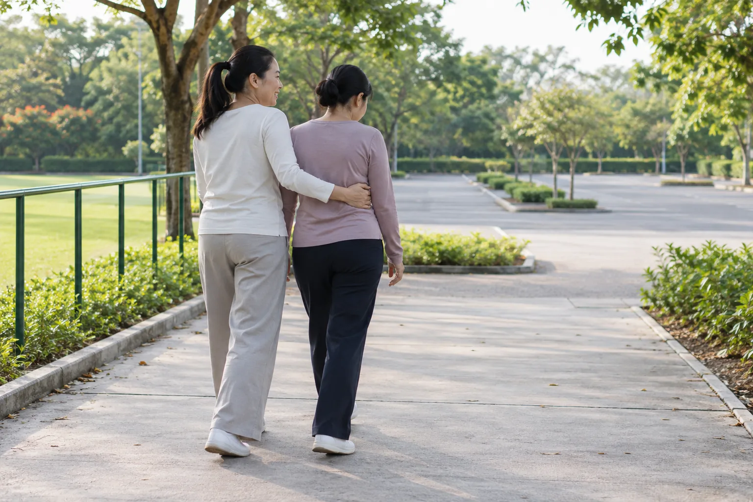 A woman supports her friend as they walk slowly from a sports field towards a car park.