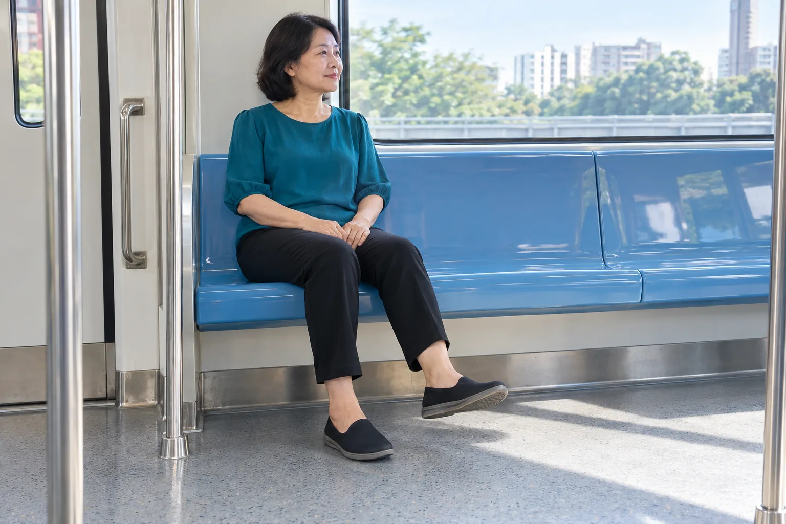 A woman seated beside a train window lifts one foot to circle her ankle.