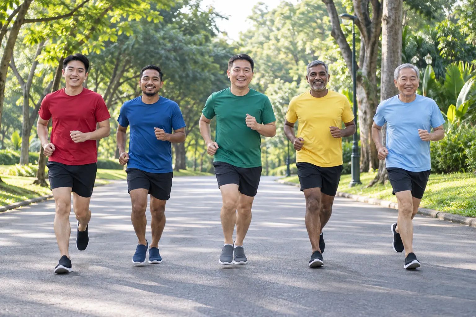 Five recreational runners run together along a wide park road.