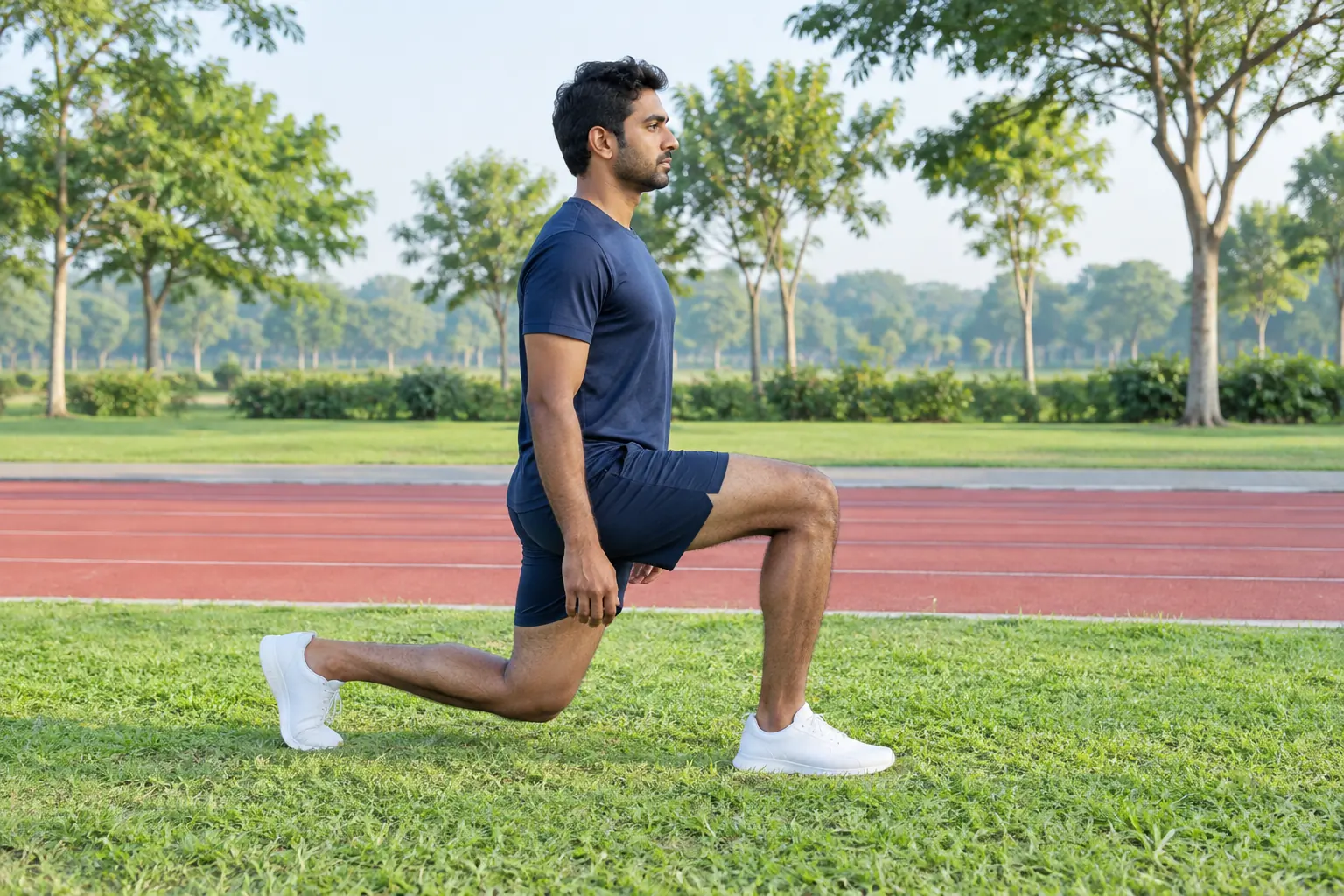 A runner performs a walking lunge on grass beside a running track.