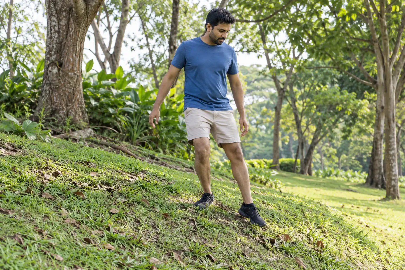 A man steps sideways down a grassy bank with the inner side of his trailing knee visible.