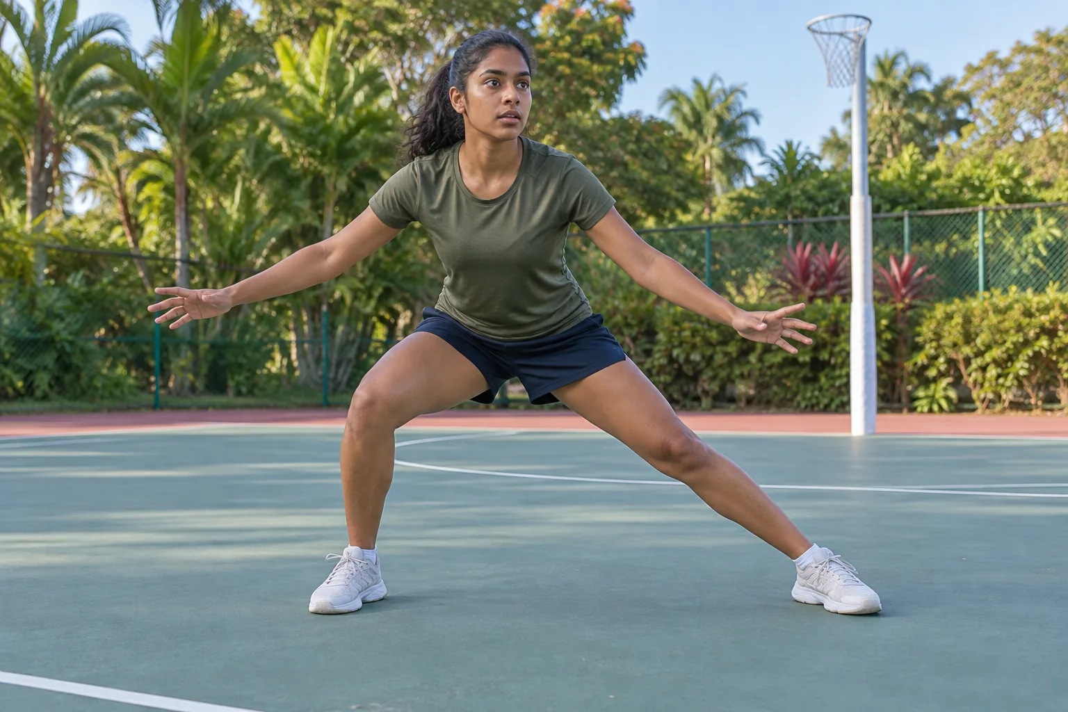 A young woman holds a defensive side-lunge on an outdoor netball court.
