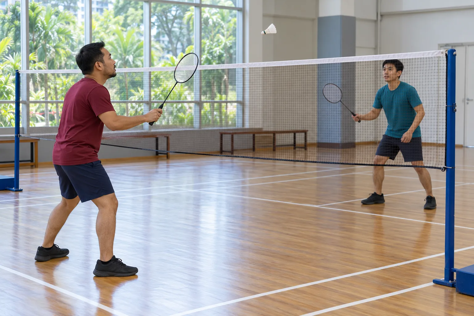 A Malay man rallies gently with another player across a high badminton net in a bright Singapore sports hall.