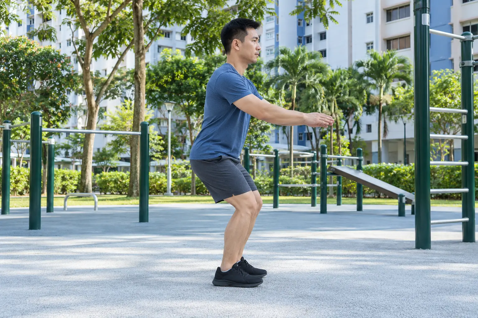 A Chinese man performs a shallow mini-squat at an outdoor fitness corner.