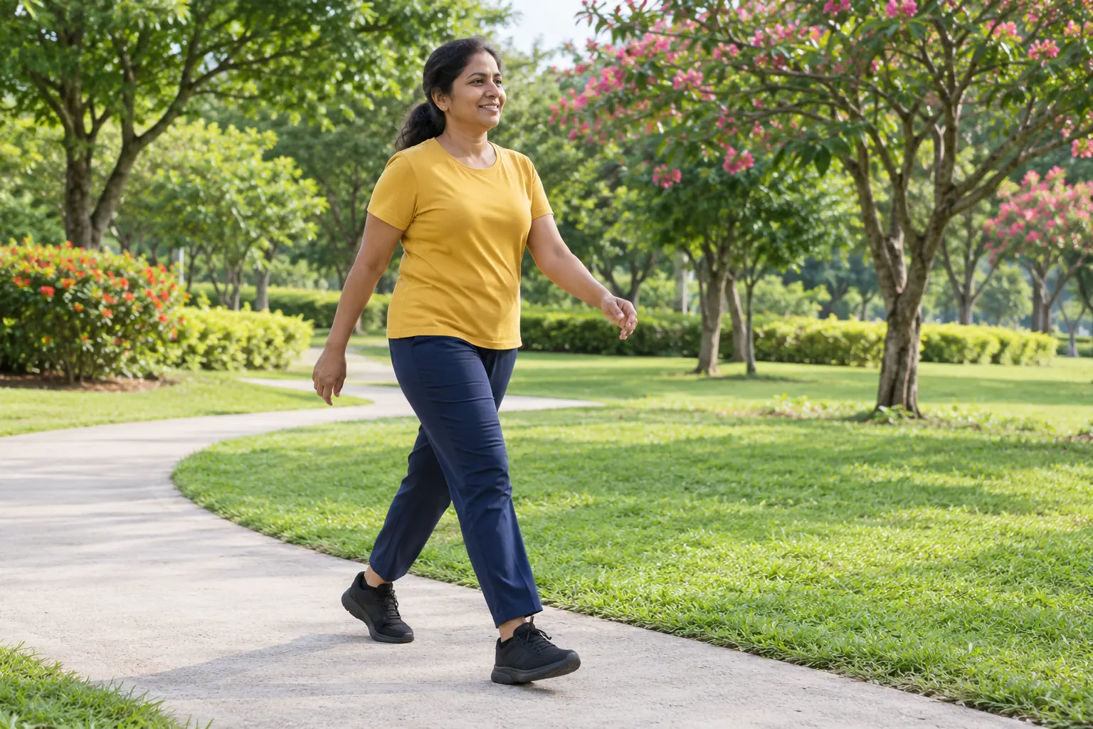 An Indian woman walks briskly through a neighbourhood park.