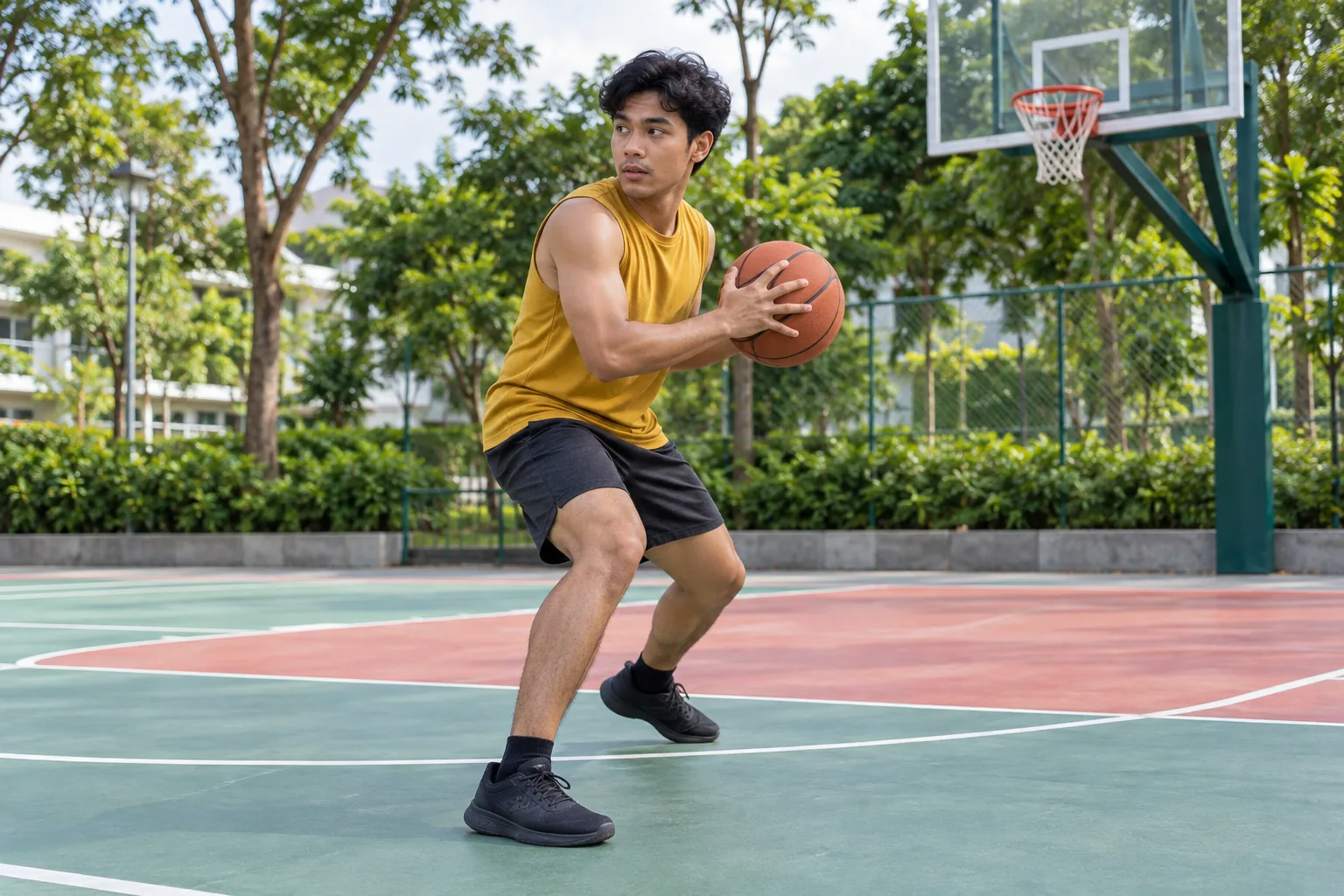 A young man pivots on an outdoor basketball court while holding a ball in both hands.