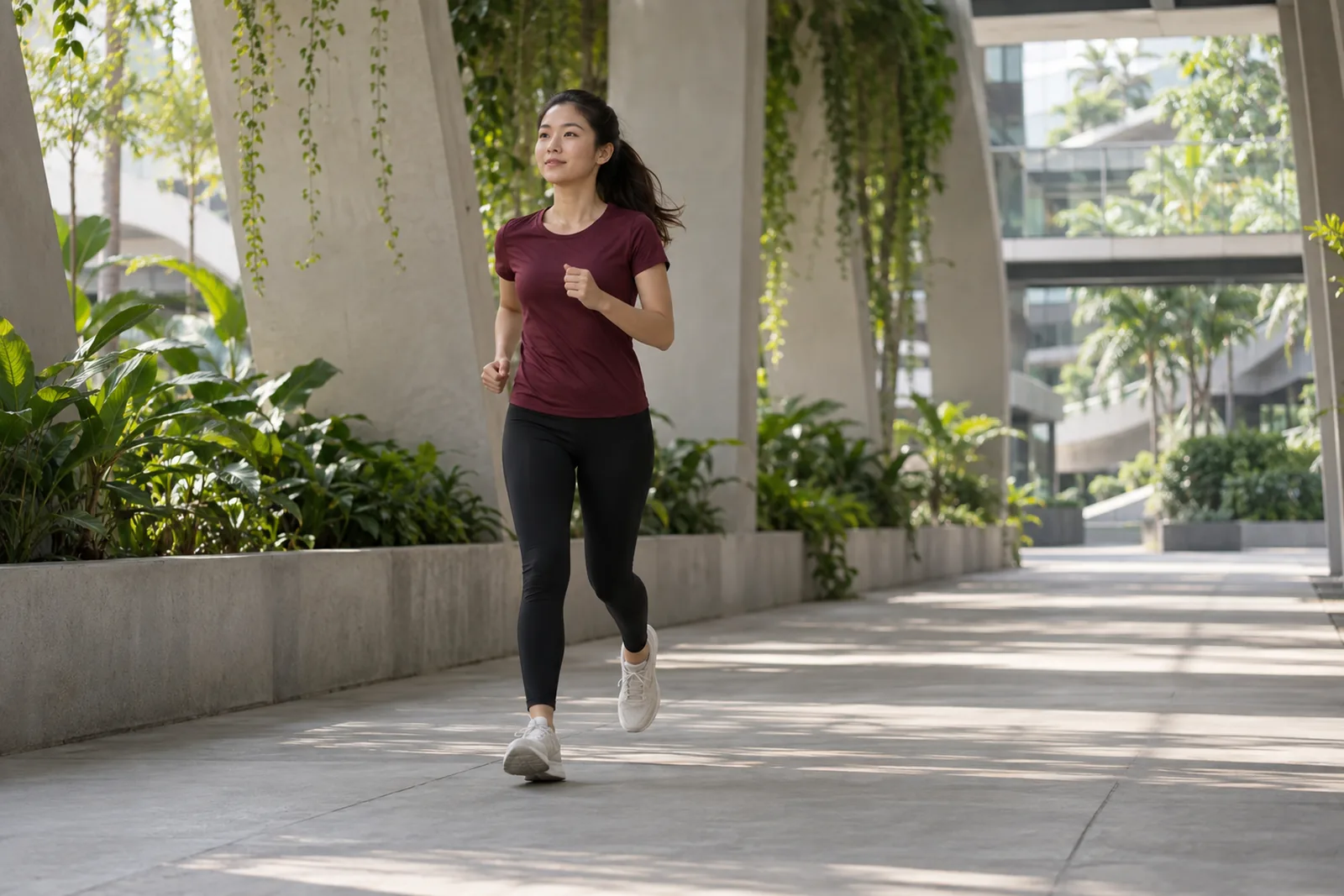 A young woman jogs through a shaded university walkway framed by concrete fins and tropical greenery.