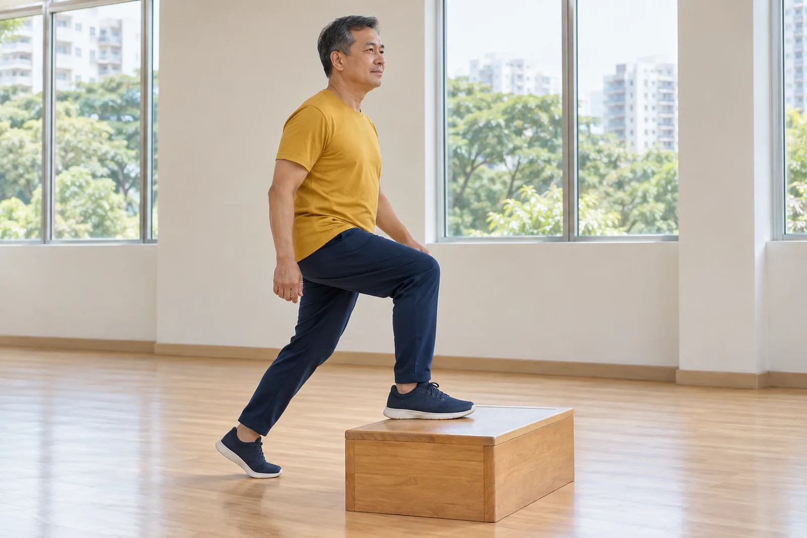 A man performs a controlled step-up onto a low wooden platform in a bright multipurpose room.