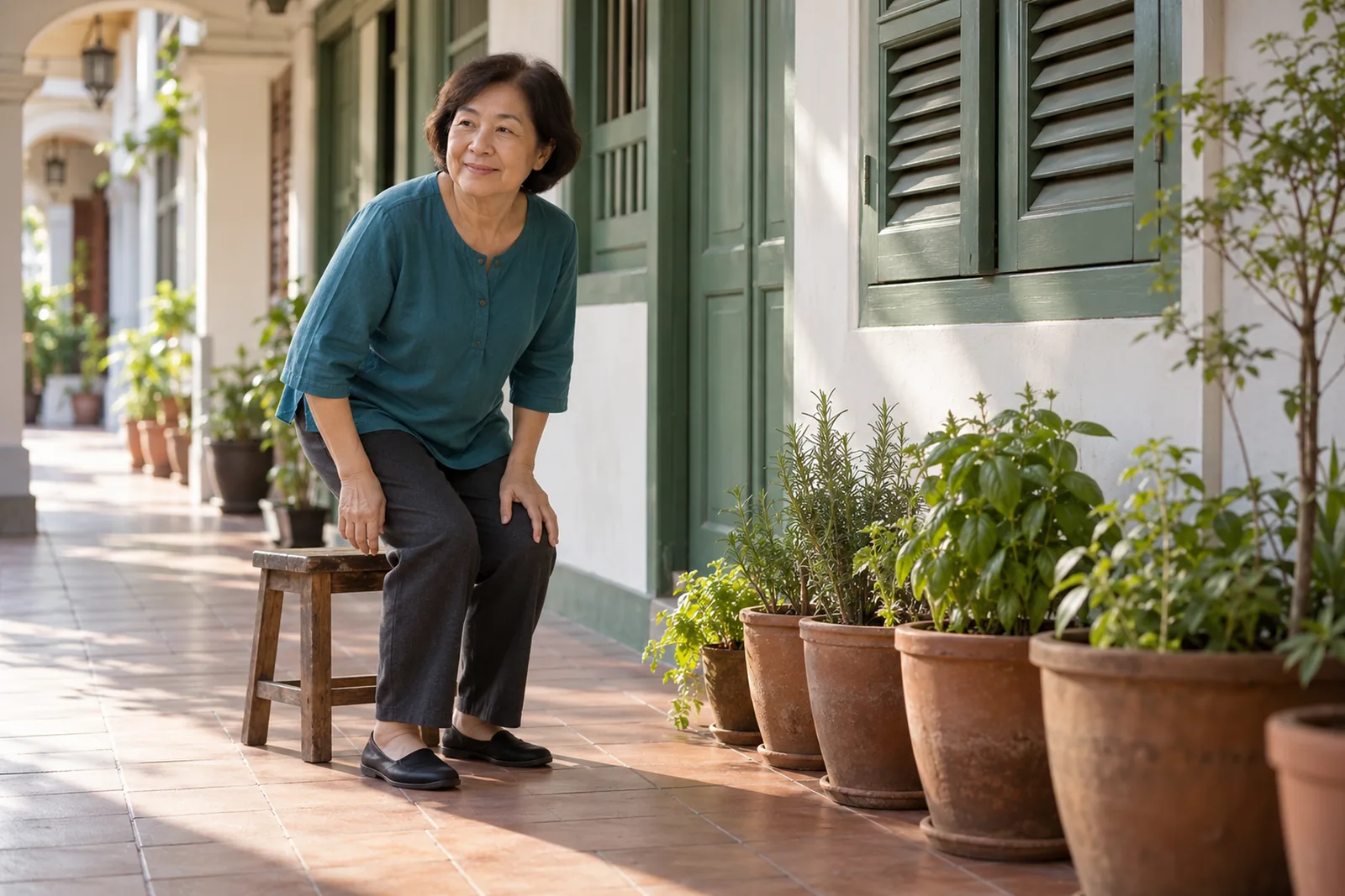 A woman rises from a low wooden stool beside a row of potted herbs along a shaded shophouse walkway.