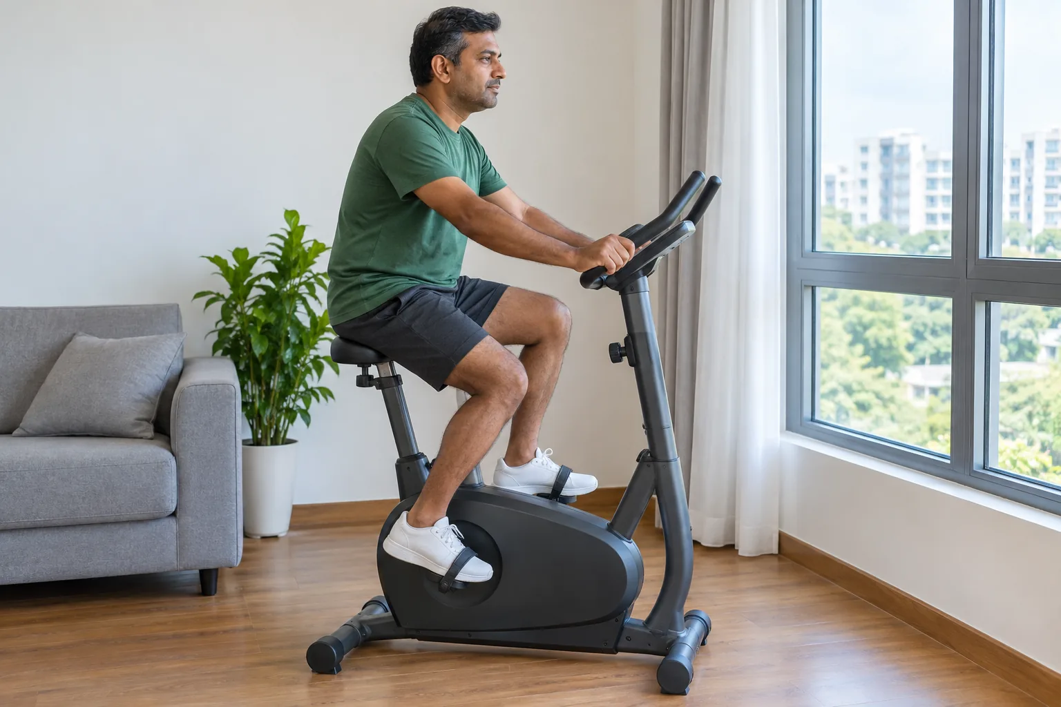 A man pedals an upright exercise bicycle beside a window at home.