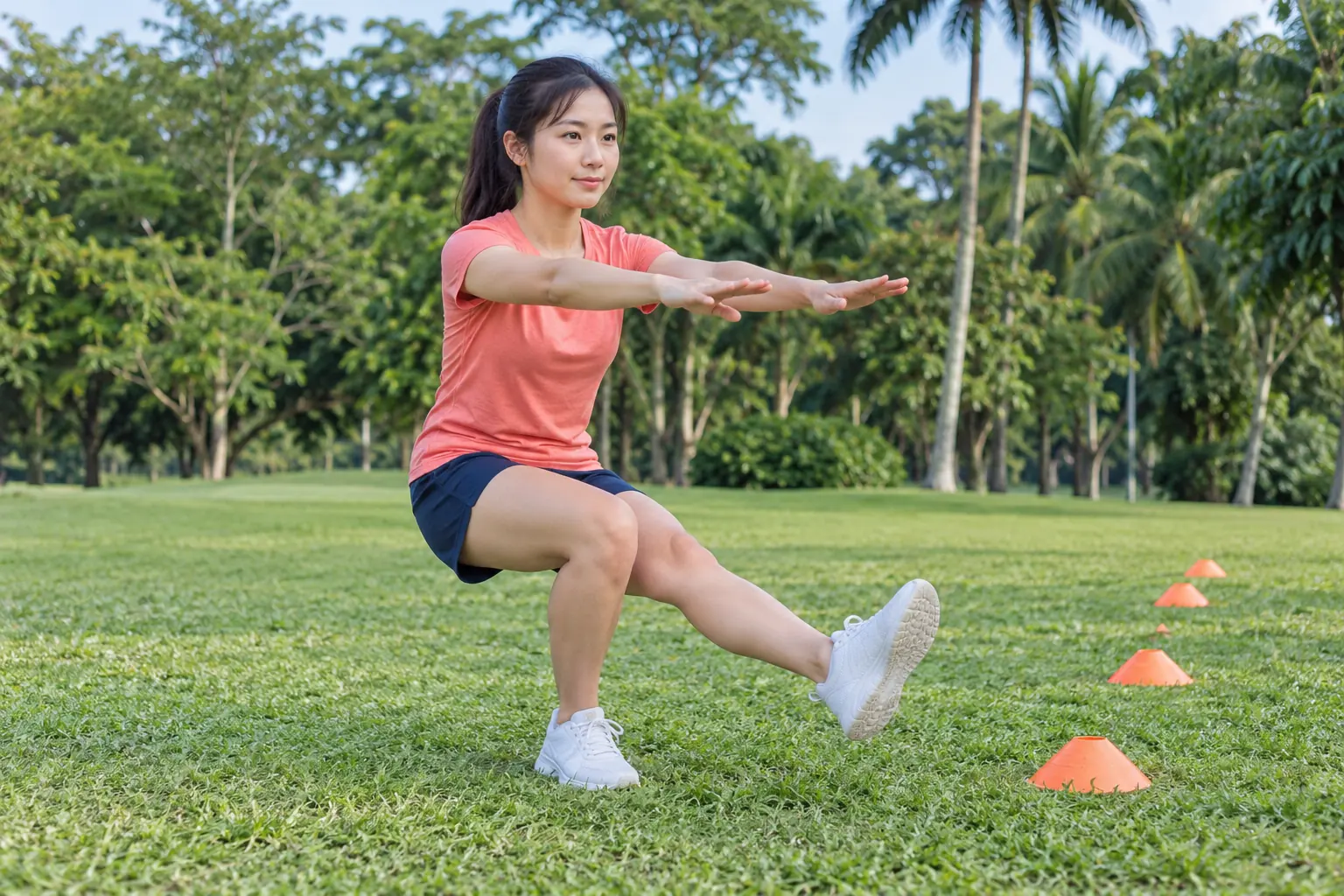 A young woman performs a single-leg squat beside low cones on a grass field.