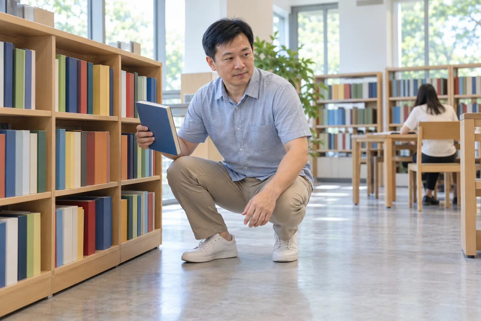 A man rises from a deep squat beside a low library shelf with a book in one hand.