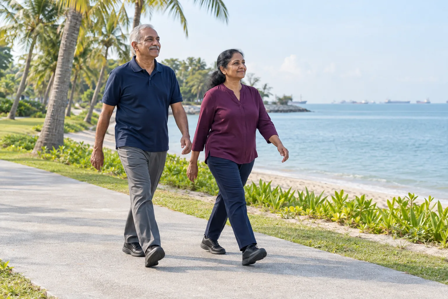 An Indian couple walks along a seafront path at a beach park.