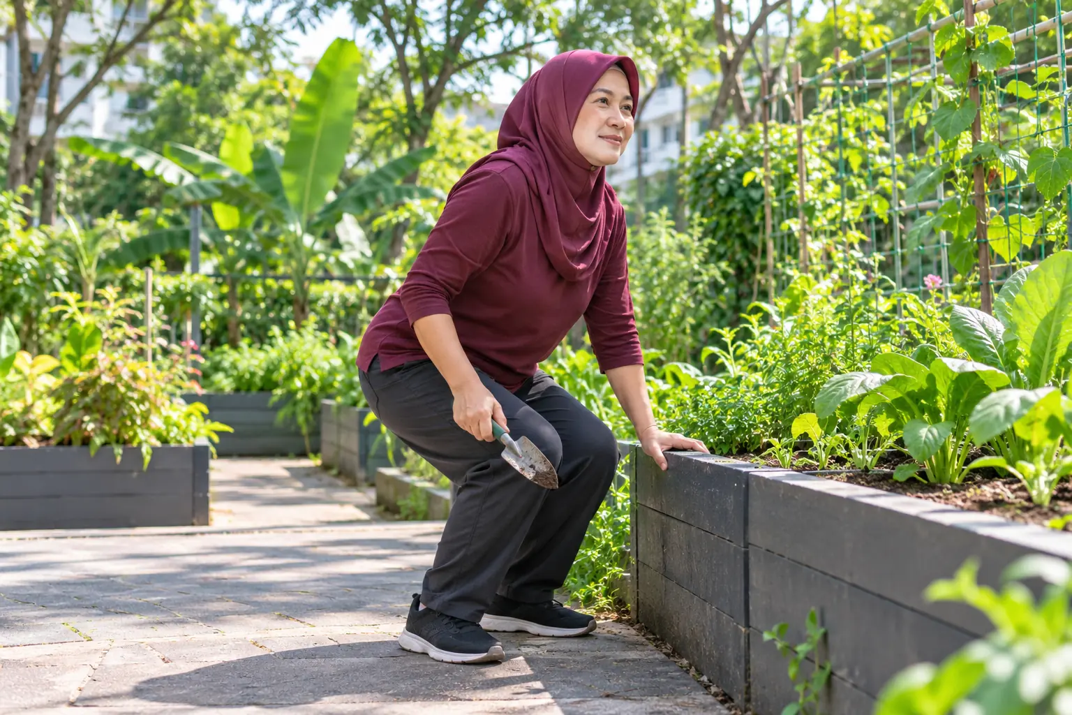 A woman rises from a deep squat beside a raised garden planter with a trowel in one hand.