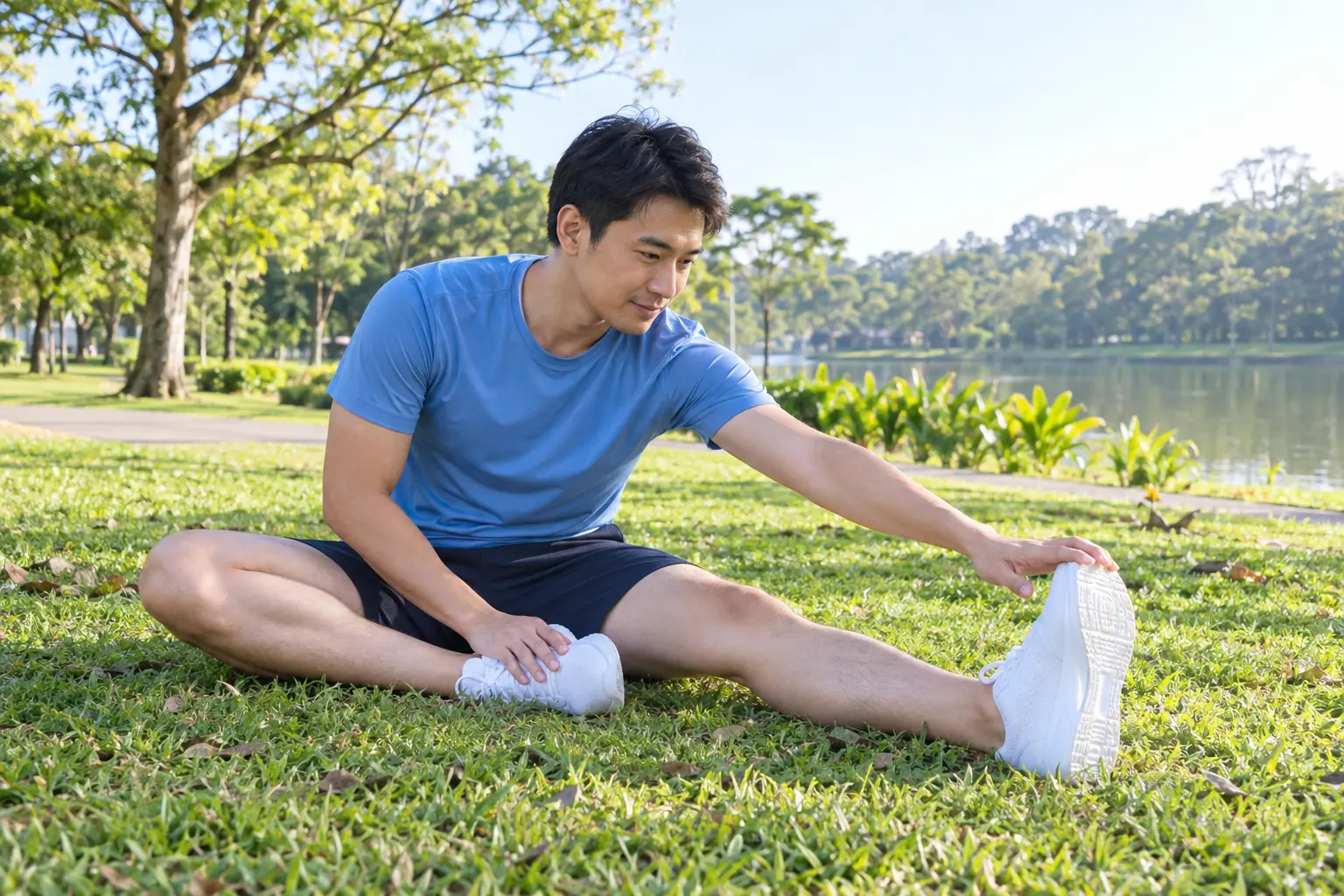 A man sits on grass after a run and reaches towards the toes of one extended leg.
