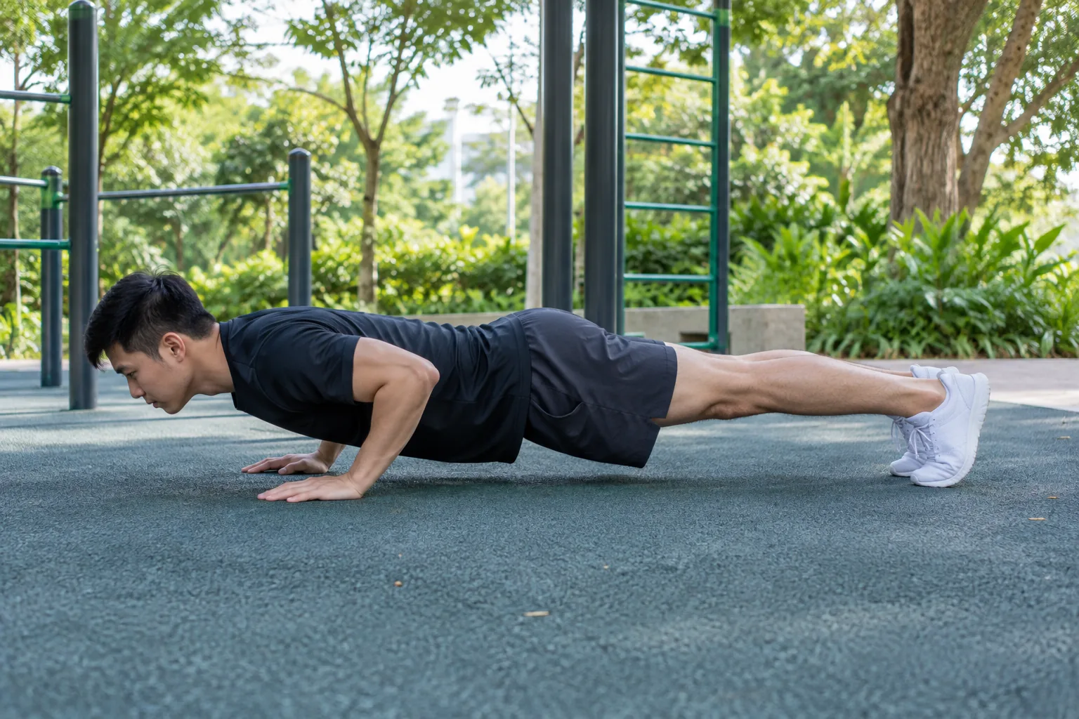 A young man performs a push-up on the rubber floor of an outdoor fitness corner.