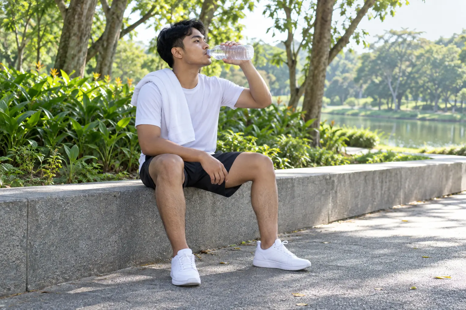 A young man sits on a low wall after exercise and drinks from a plain water bottle.