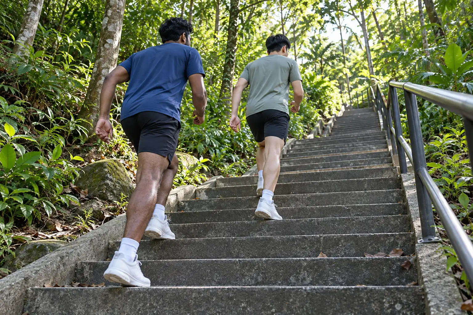 Two young men climb a long outdoor staircase on a wooded hill at a steady pace.