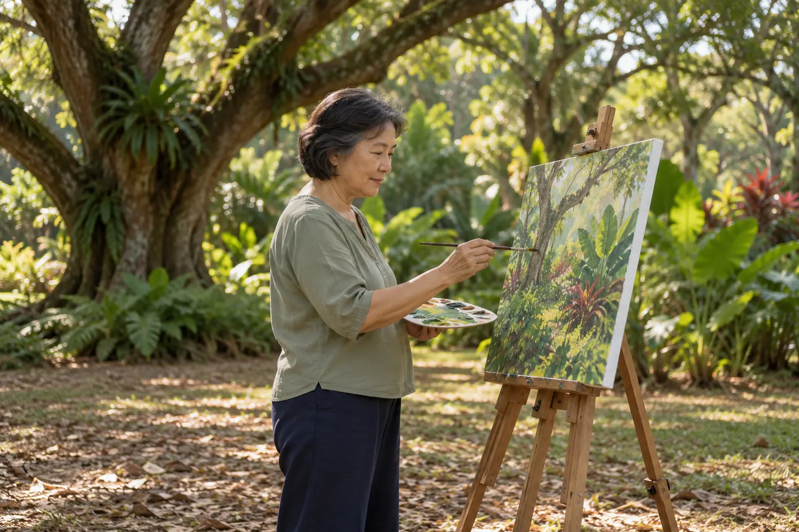 A woman paints a leafy tropical scene at an easel beneath large shade trees.