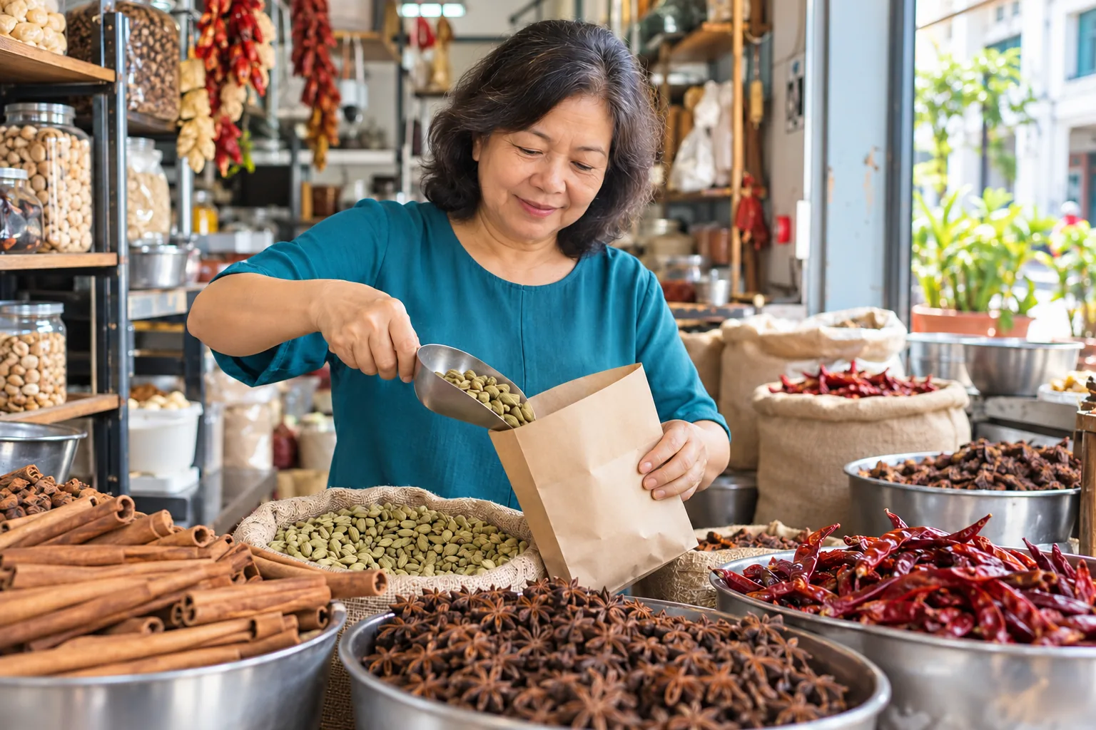 A woman scoops cardamom into a plain paper bag in a neighbourhood spice shop.