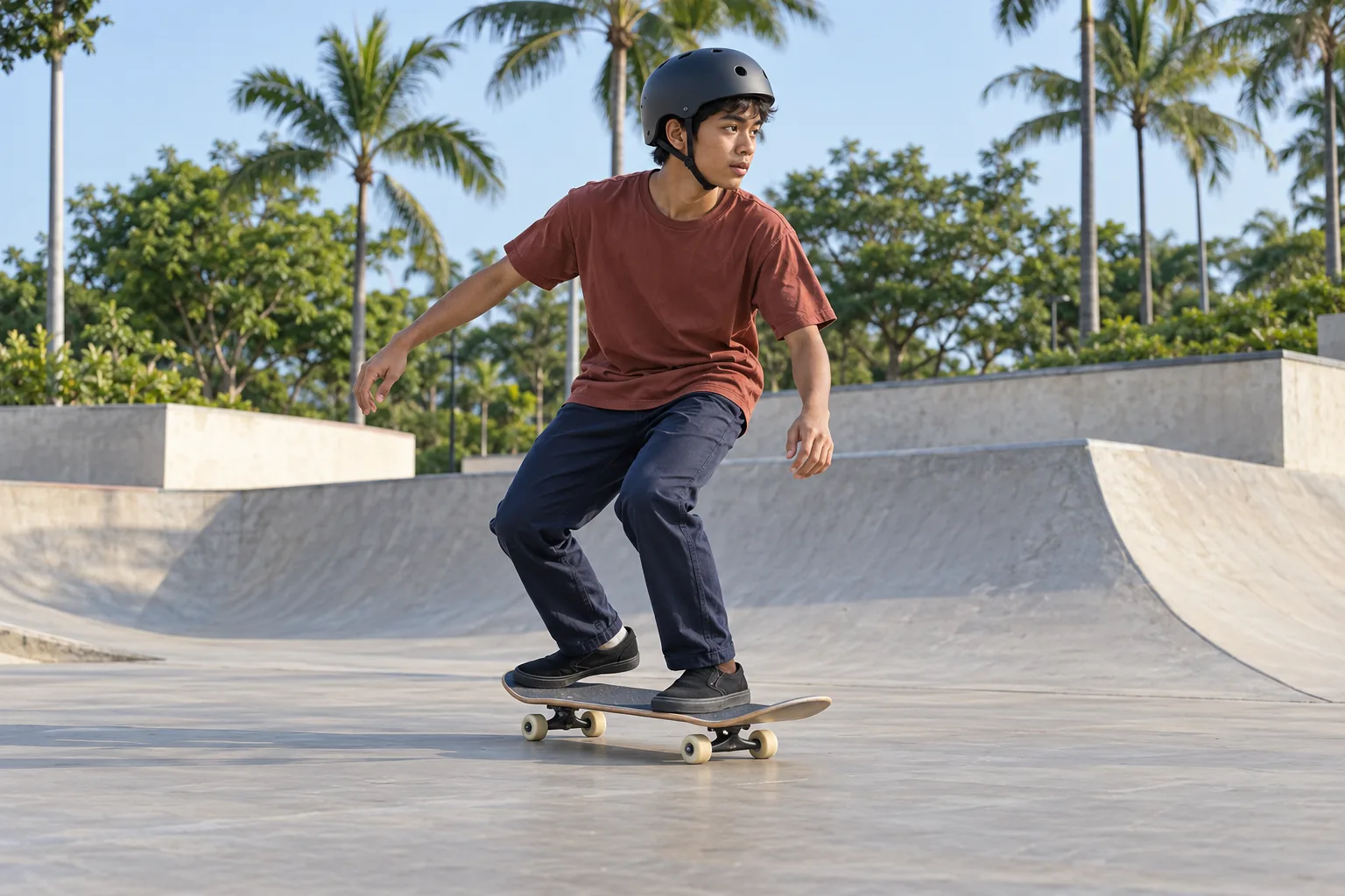 A Malay teenager rides a plain skateboard at a skate park with knees bent.