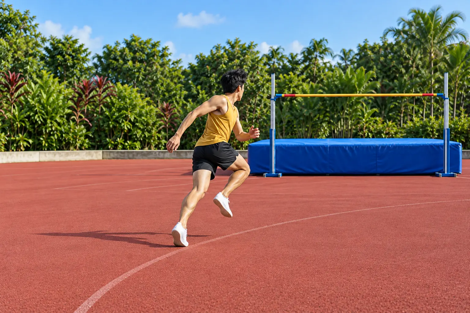 A young athlete takes his final curving stride on a red run-up toward the middle of a high-jump bar with a blue landing mat beyond it.