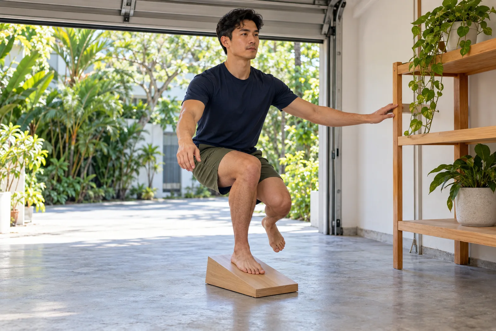 A man performs a controlled single-leg squat on a timber slant board in a bright home garage.
