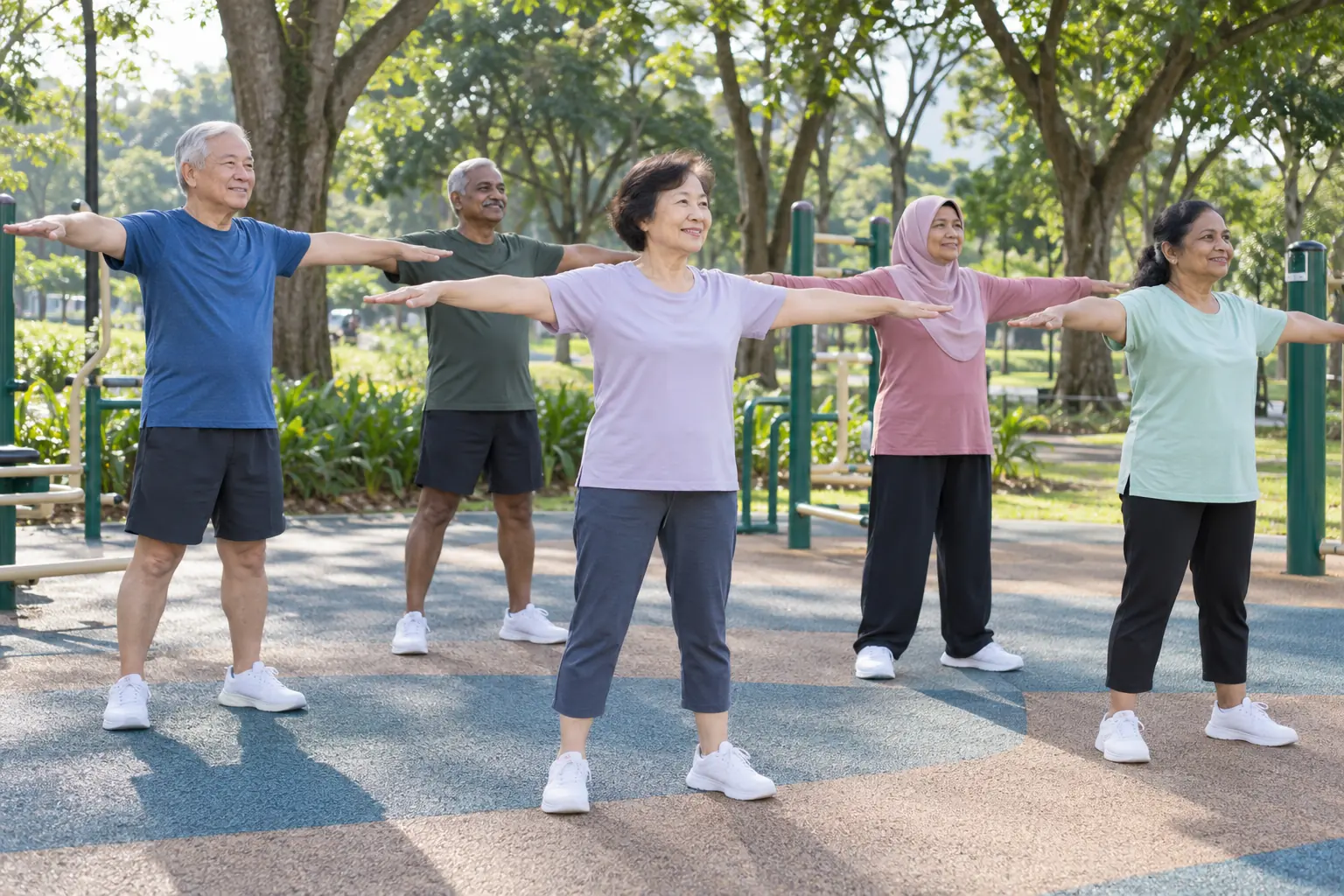 A group of older adults raises their arms during gentle exercises beneath trees at a park fitness corner.