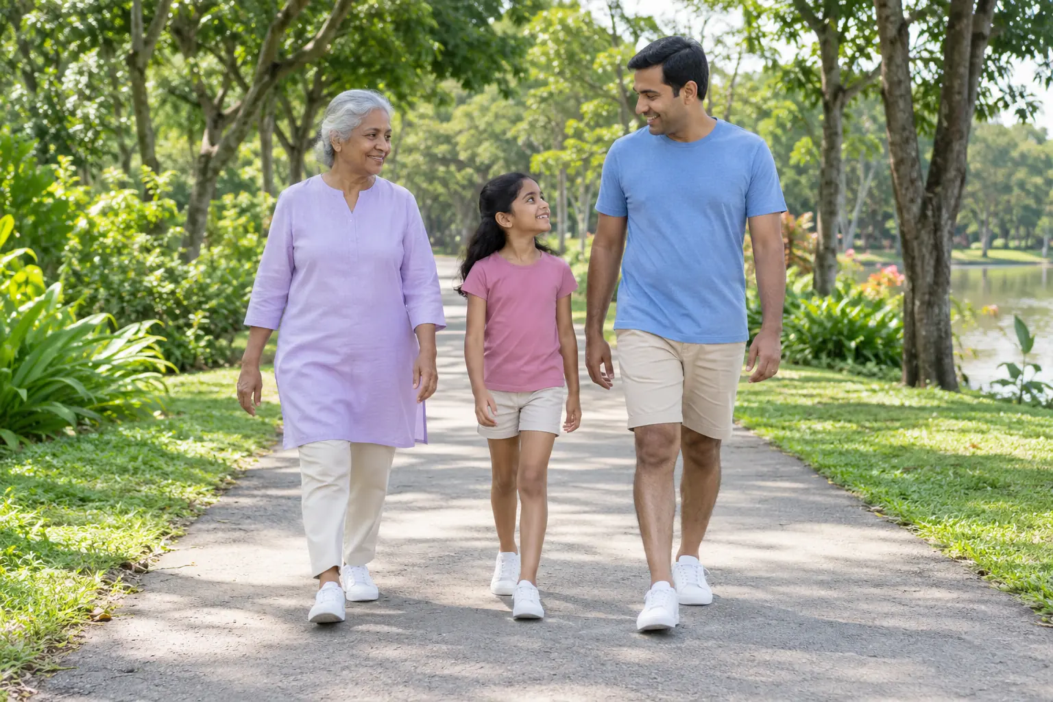 A grandmother, her adult son and a young girl walk together along a park path.