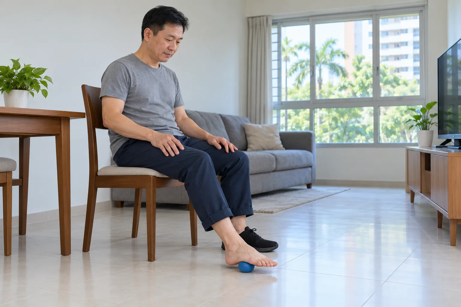 A Chinese man rolls his bare foot over a plain ball while seated at home.