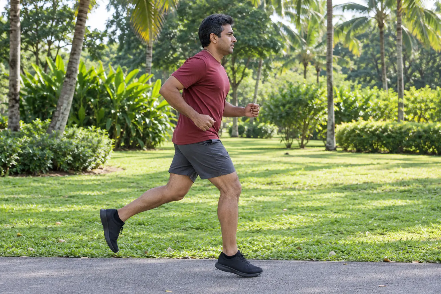 An Indian man runs along a park path with a natural opposite-arm-and-leg stride.