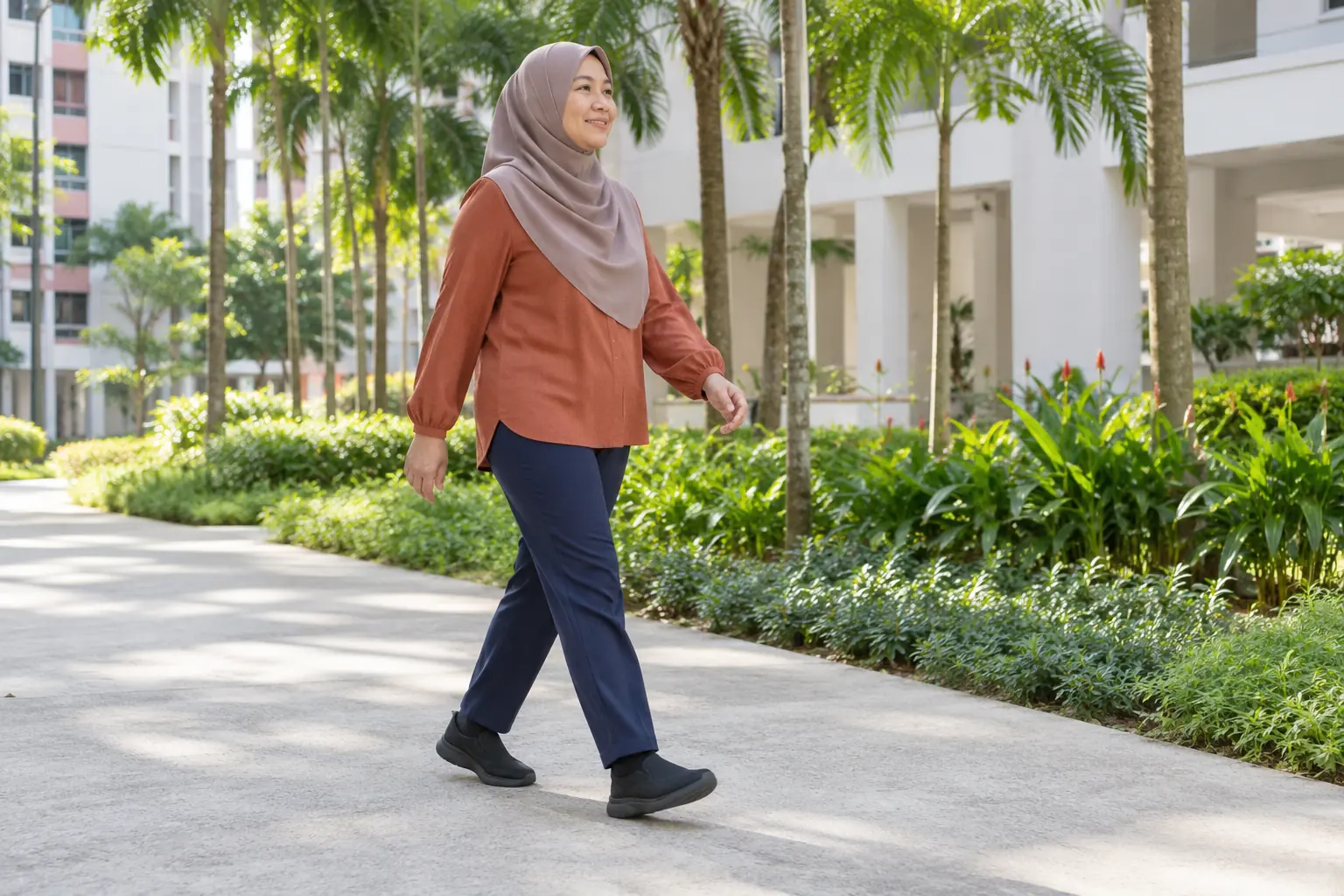 A Malay woman in modest clothing walks along an estate path in cushioned shoes.