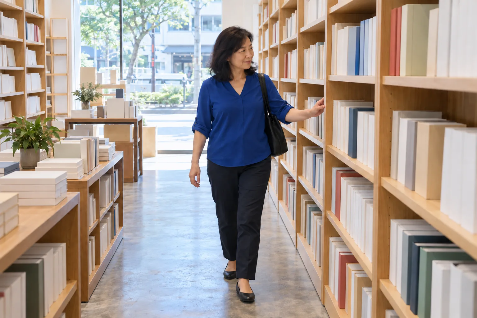 A woman in a blue blouse walks slowly along an aisle of a bright bookshop, one hand on a shelf.