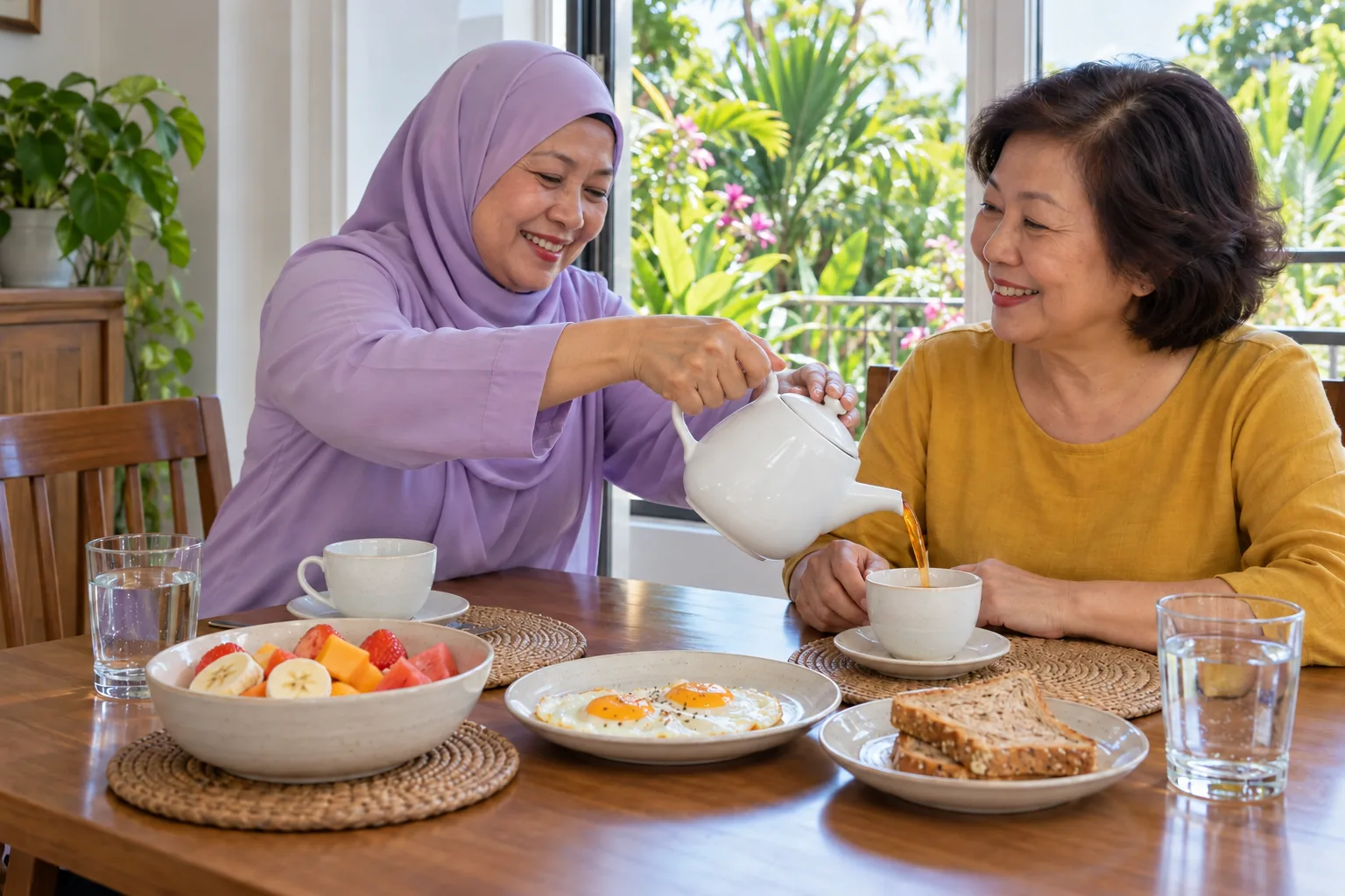 Two women share breakfast by an open window, one pouring tea, with fruit, eggs, wholegrain toast and water on the table.