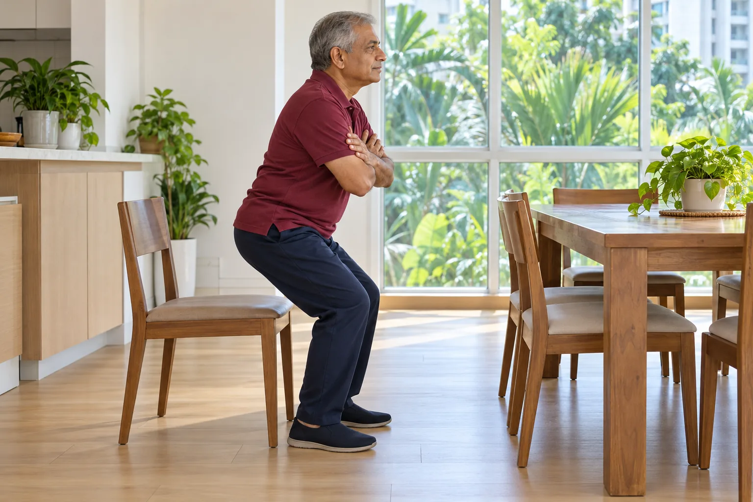 A man in his sixties rises from a dining chair with his arms crossed at his chest in a bright home.