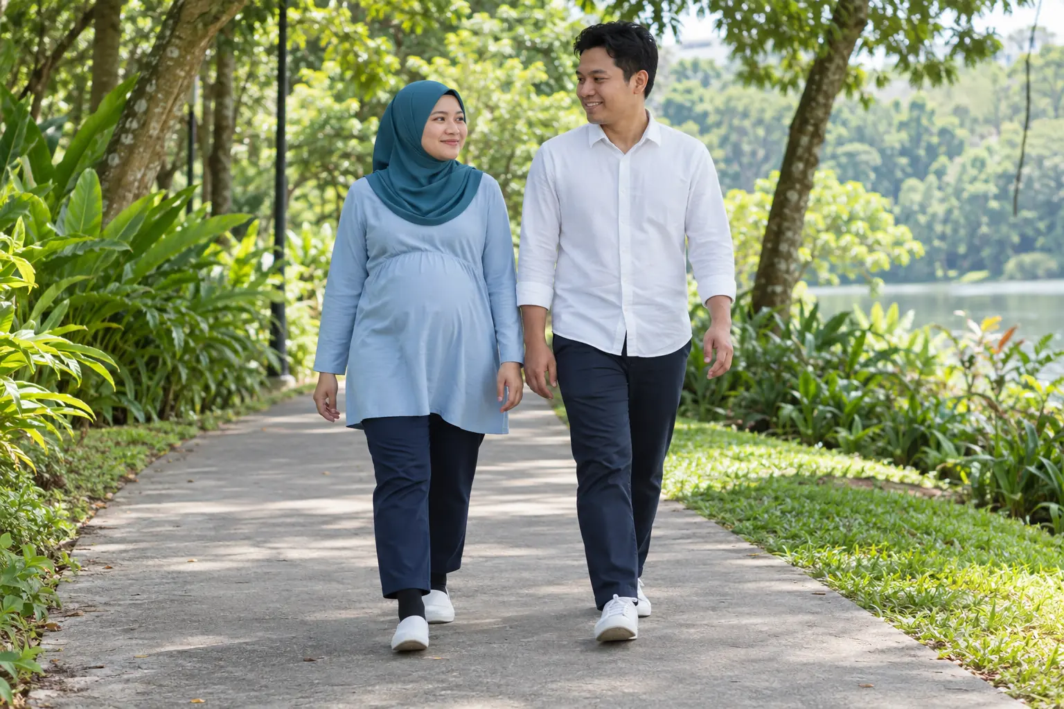 A pregnant woman and her husband walk slowly along a shaded park path.