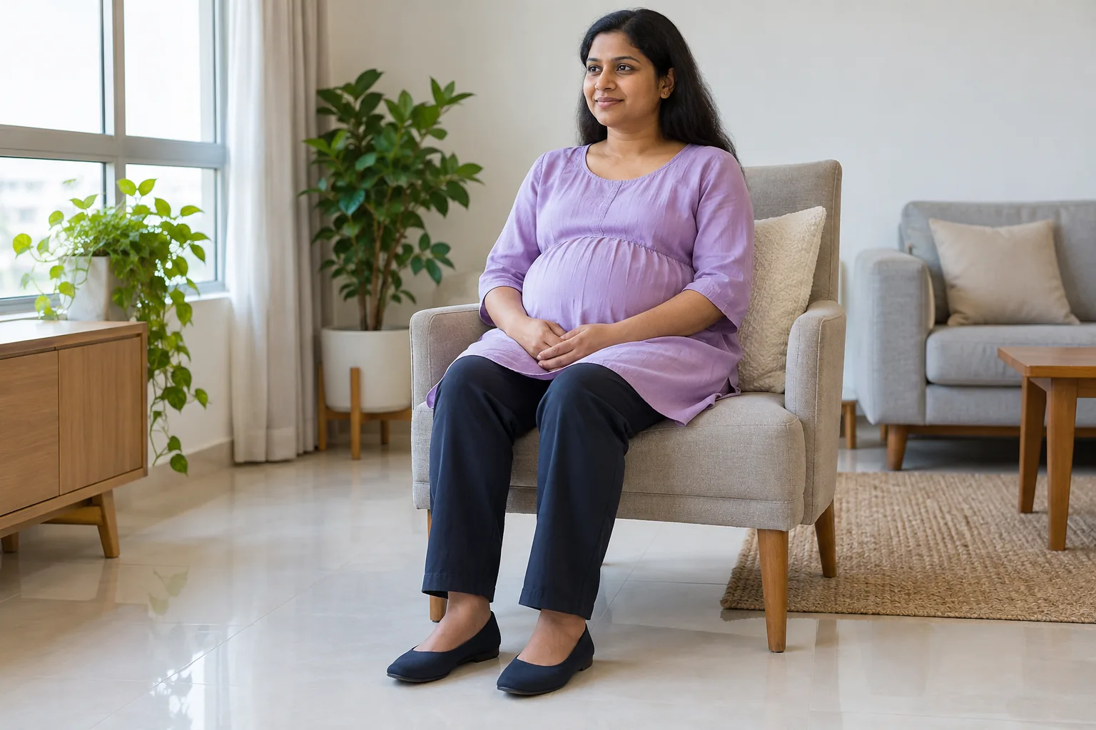A pregnant woman sits upright on a chair at home with a cushion behind her for support.