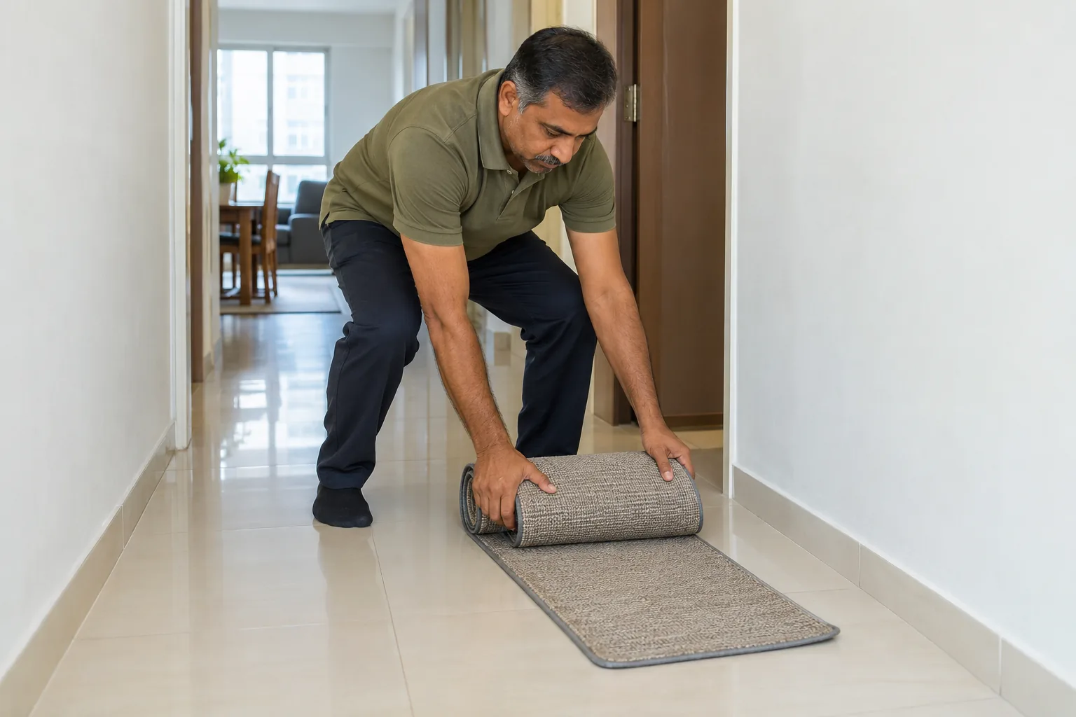 An Indian man rolls up a small hallway rug to clear the floor in his home.