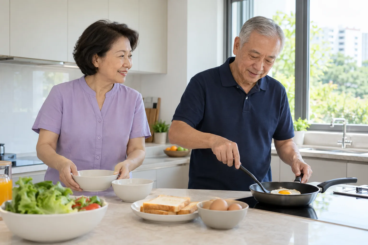 A Chinese couple prepares a simple breakfast together in a bright kitchen.