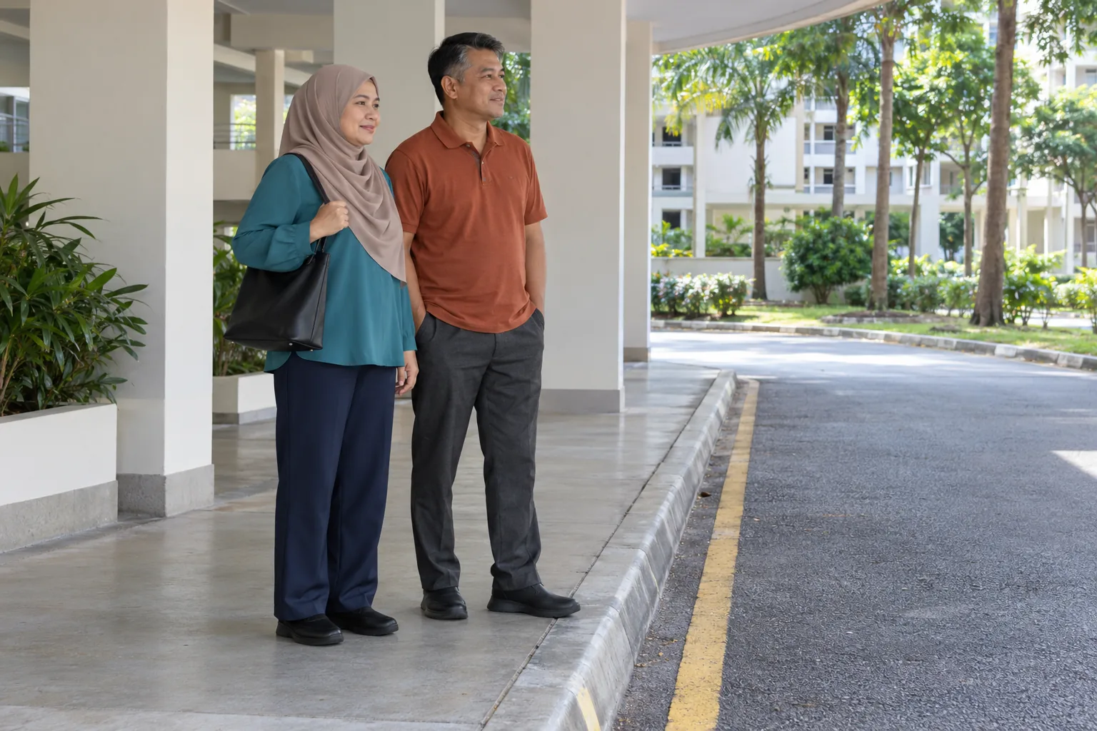 A Malay woman waits calmly with her husband at a covered HDB taxi pickup bay.