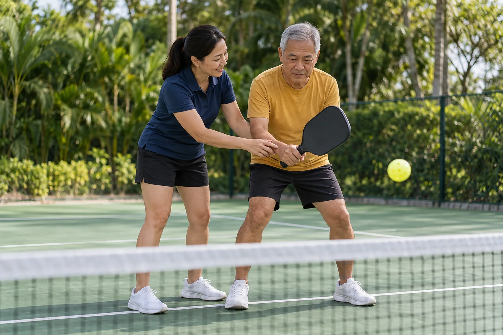 A coach guides an older man's paddle grip and ready stance on an outdoor pickleball court.