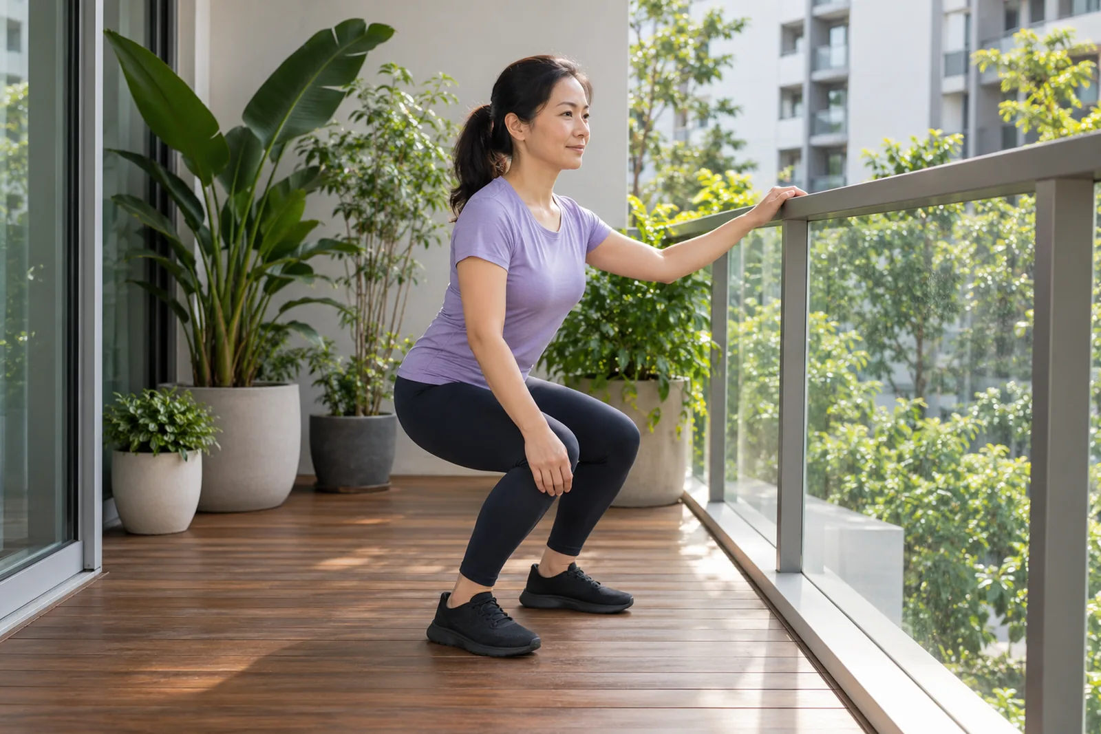 A woman performs a shallow supported squat on a plant-filled condominium balcony.