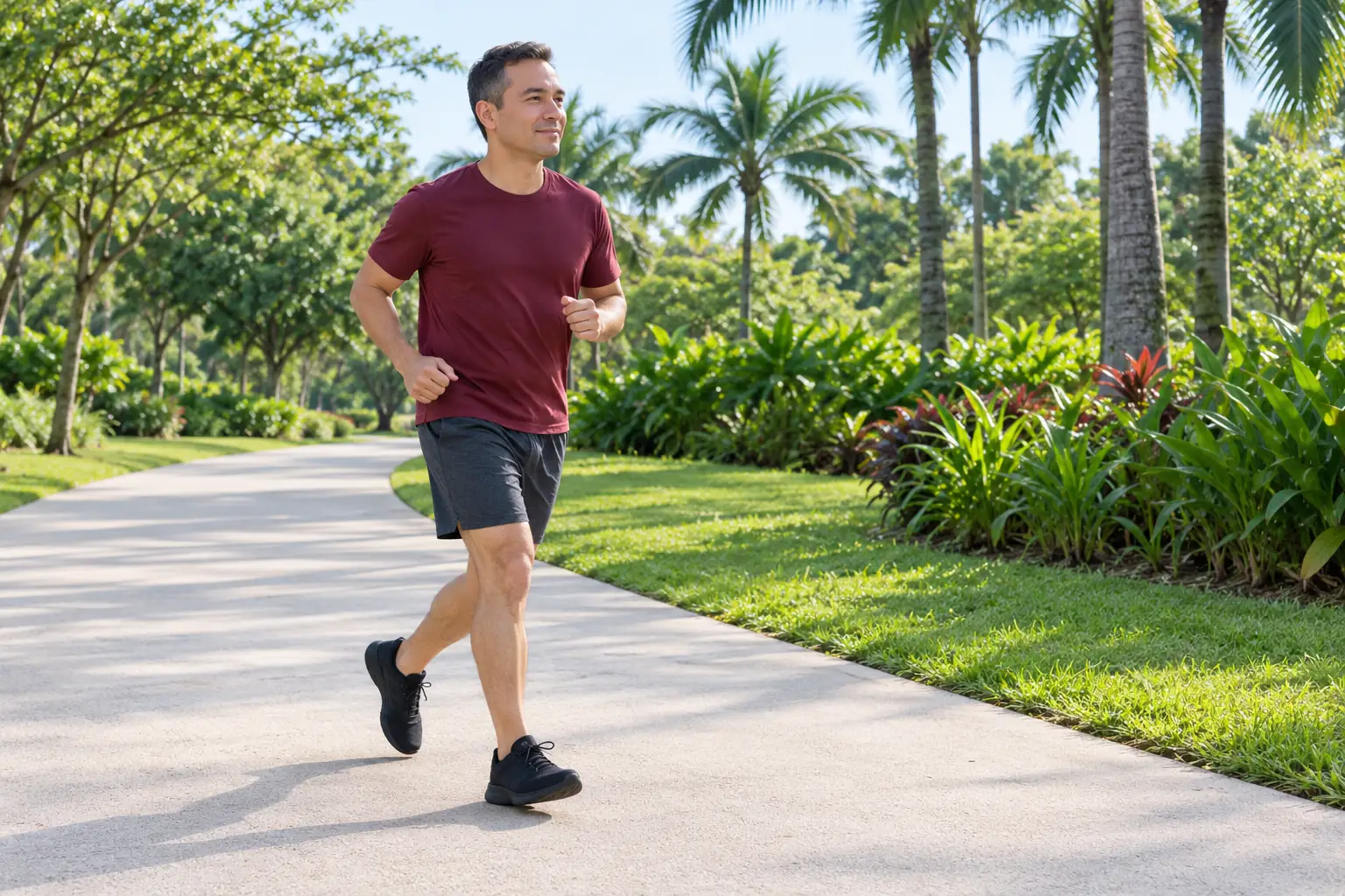 A Eurasian man jogs slowly along a park running path.